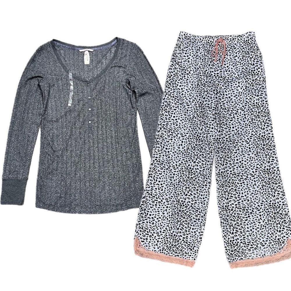 Victorias Secret Soft Metallic Henley top & Foil Dot Leopard pants pajama set M